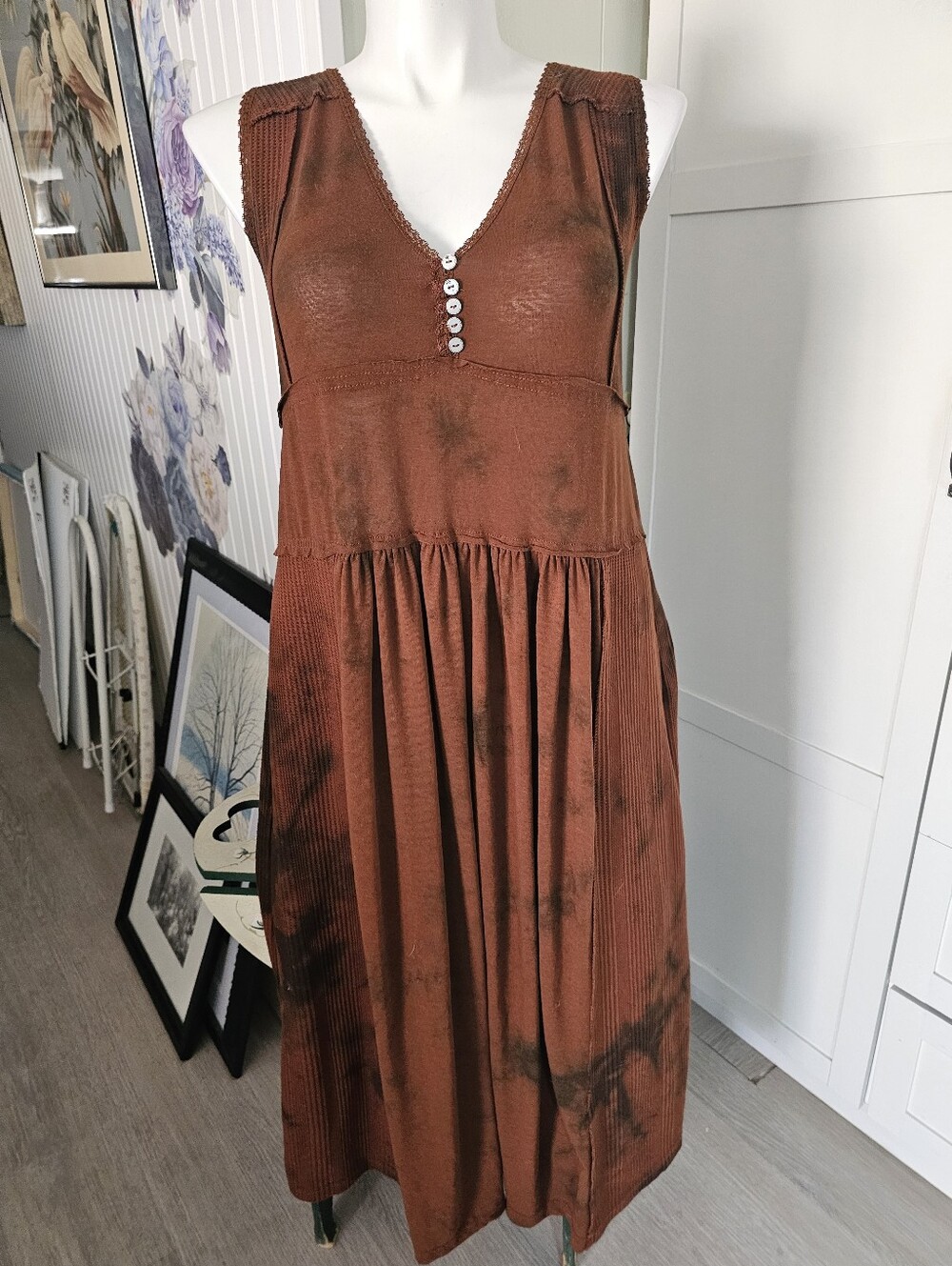 POL Clothing Babydoll Midi Maxi Oversized Brown Mineral Wash Lace Sz S Fit 12-16